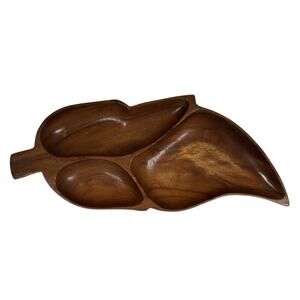 Genuine Monkey Pod Wood Bowl Leaf Shaped Divided Hand Crafted Philippines Boho